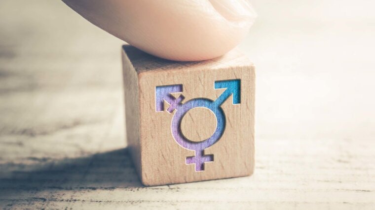 Index finger resting on a cube with the gender diversity symbol