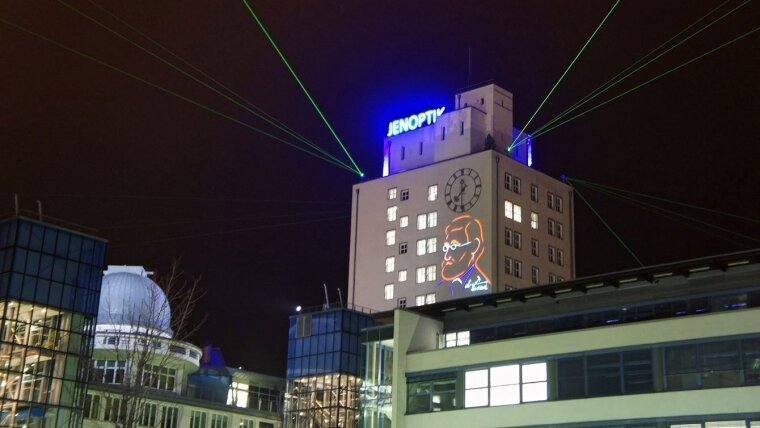Laser beams above the Jenoptik building