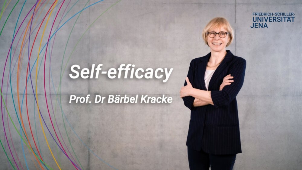 placeholder image — Prof. Dr Bärbel Kracke in front of a grey wall, next to her is the keyword self-efficacy.