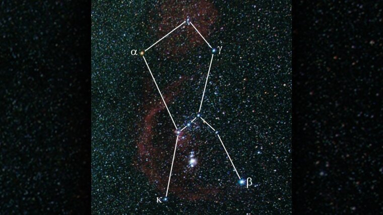 The constellation Orion, Betelgeuse is marked with Alpha.