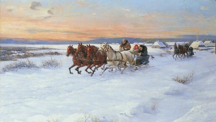 Pferdeschlitten in winterlicher Landschaft von Alfred von Wierusz-Kowalski