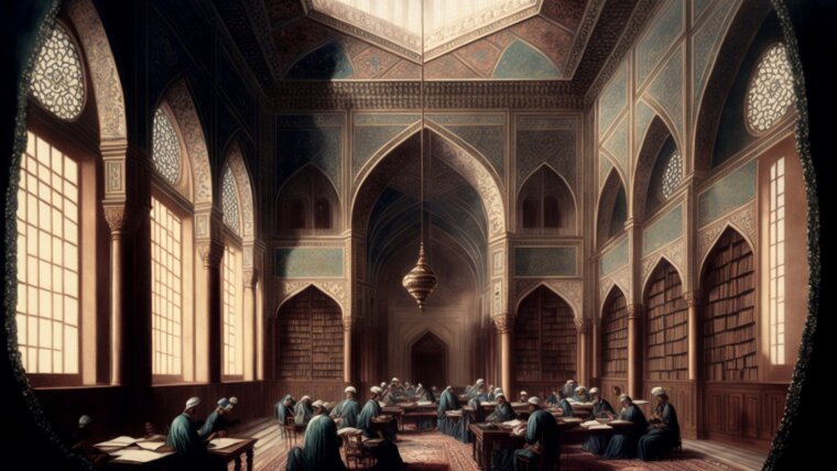 Islamic library hall with readers
