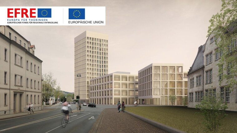 Architektenbild, das eine Ansicht des zukünftigen Campus Inselplatz zeigt.