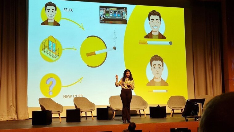 The Jena doctoral candidate Juhi Parmar on the stage during the european 3MT finale in Cologne