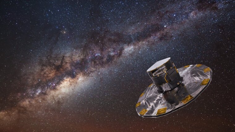 Artist's impression of the Gaia spacecraft, with the Milky Way in the background.
