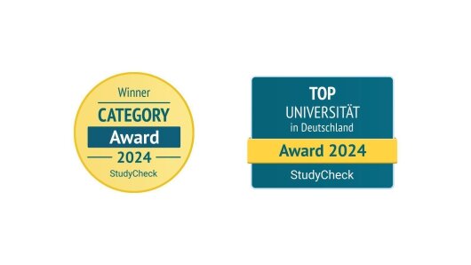 Two StudyCheck stickers honouring the University of Jena as TOP University and Most Popular University.