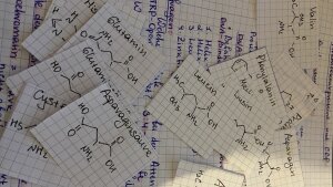 Selbstgeschrieben Lernzettel mit chemischen Strukturformeln
