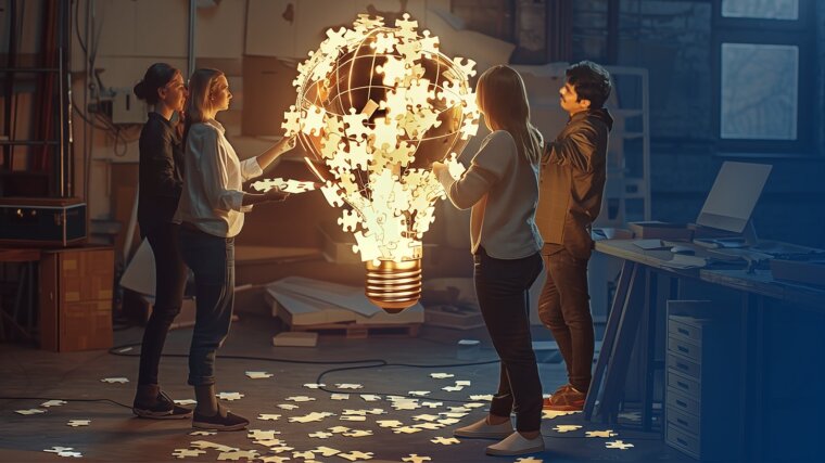 Einige Menschen fügen mit leuchtenden Puzzle-Teilen das Modell einer Glühbirne zusammen.