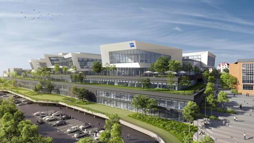 Digital image of the future ZEISS AG company building including its surroundings, at West Station in Jena