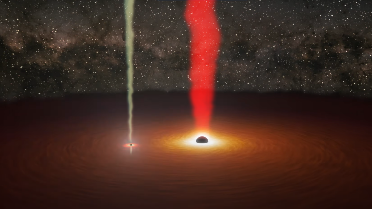Artist's impression of the centre of the galaxy OJ287 viewed from the side with the black holes, their accretion disks and jets of matter during the detected outburst.