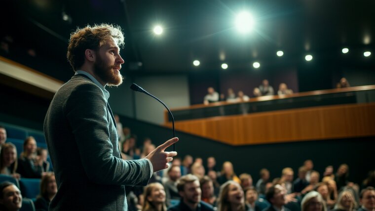 Person steht am Mikrofon, Publikum im Hintergrund