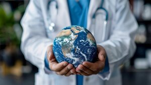 Scientist holds globe in his hand