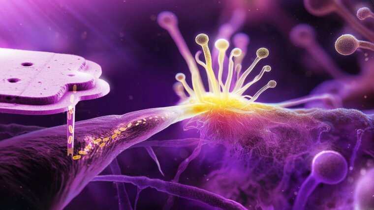 Bacteria are injected into a fungus with an extremely fine tip. The bacteria migrate into the spore-forming tissue (yellow) and are passed on to the next generation.