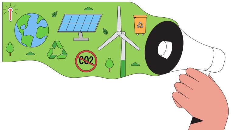 One hand holds a megaphone from which various symbols associated with sustainability are emitted.