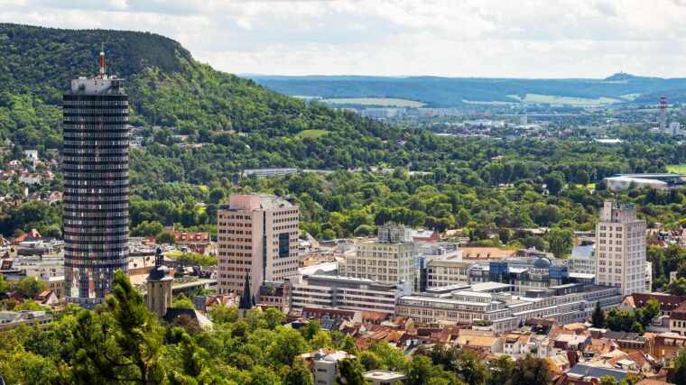 View of Jena city centre with the JenTower and the university campus