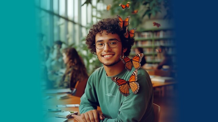 A young man is sitting at a table in a library, surrounded by butterflies