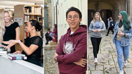 Collage aus Bildern, die Studierende in der Bibliothek, am Frommanschen Anwesen und vor dem Uni-Hauptgebäude zeigen