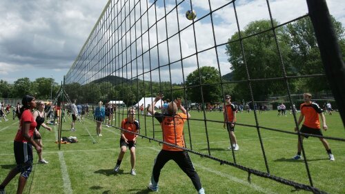 Playing volleyball in the university sports area