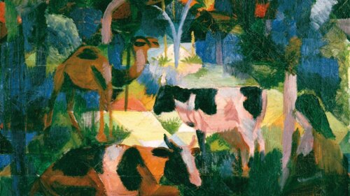 Painting by August Macke "Landscape with cows and camels