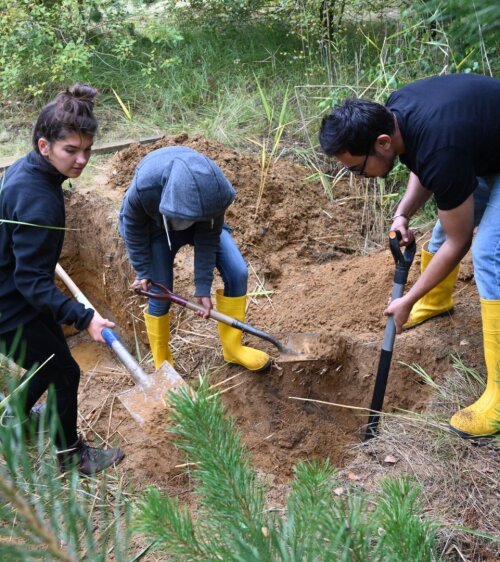 Students dig a pit to collect soil samples.
